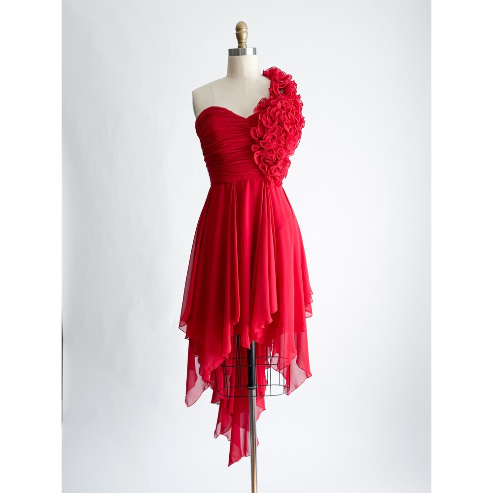 Bee Darlin Dress One Shoulder 3D Floral High Low Red Chiffon Prom Party Vintage